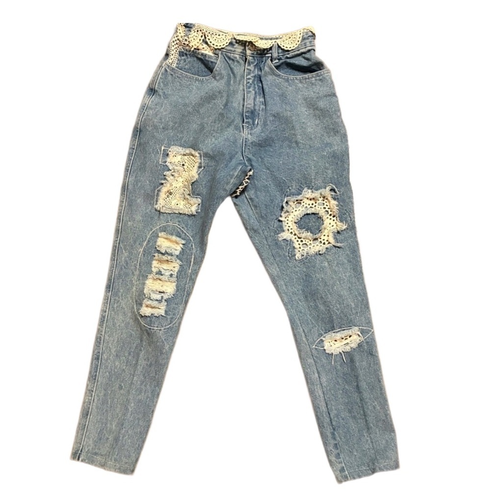 Vintage 90s Zip Code High Waist Lace Patchwork Jeans Size 9/10 Boho Chic